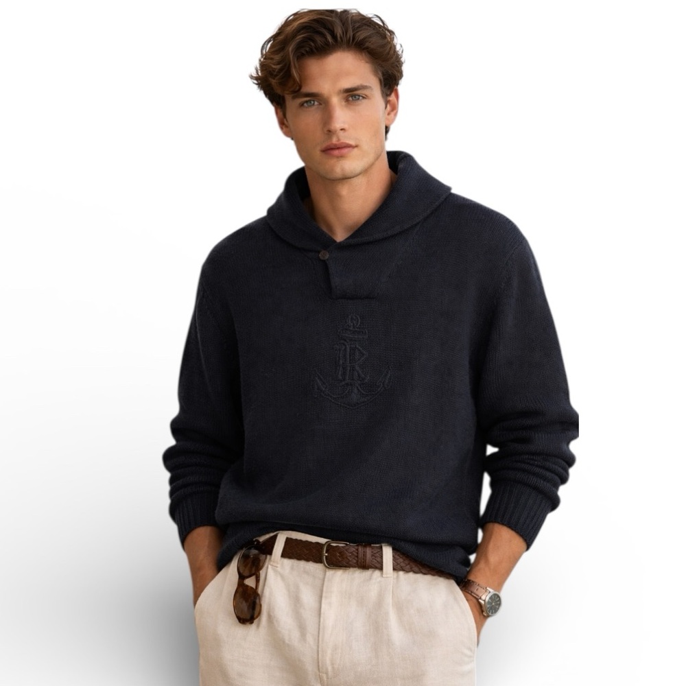 Polo Ralph Lauren Nautical Anchor Shawl Sweater L Black Preppy Old Money Linen